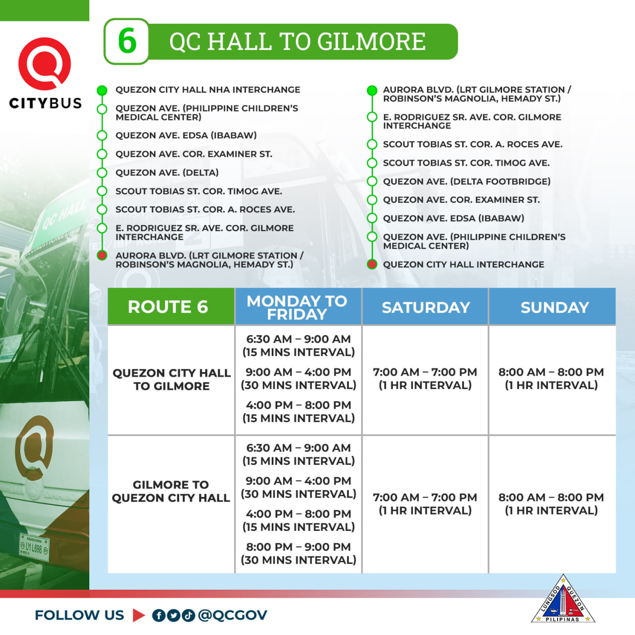 May be an image of map and text that says 'HALL TO GILMORE CITYBUS CITY HALL NHA INTERCHANGE QUEZON CHILDREN'S EDSA (IBABAW) EXAMINER (DELTA) TOBIAS SCOUT TOBIAS COR. TIMOG AVE. ROCES ROCES AVE. TIMOG AVE. INTERCHANGE GILMORE GILMORE STATION MAGNOLIA, (IBABAW) (PHILIPPINE CHILDREN'S ROUTE CITY MONDAY INTERCHANGE SATURDAY 6:30 9:00 AM MINS INTERVAL) QUEZON CITY HALL tO GILMORE SUNDAY AM- MINS INTERVAL) 7:00 AM- -7:00 PM INTERVAL) 8:00 MINS INTERVAL) 8:00 AM- 8:00 PM INTERVAL) 9:00 MINS INTERVAL) GILMORE QUEZON CITY HALL 4:00 PM (30 MINS INTERVAL) 8:00 PM MINS INTERVAL) 7:00 AM- PM INTERVAL) 8:00 8:00 9:00 PM (30 MINS INTERVAL) 8:00 PM INTERVAL) FOLLOW ร'